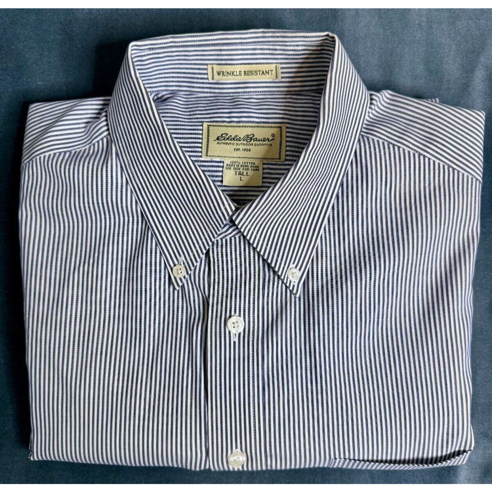 Eddie Bauer Mens Large Tall Relaxed Fit Blue and White Stripe Dress Shirt